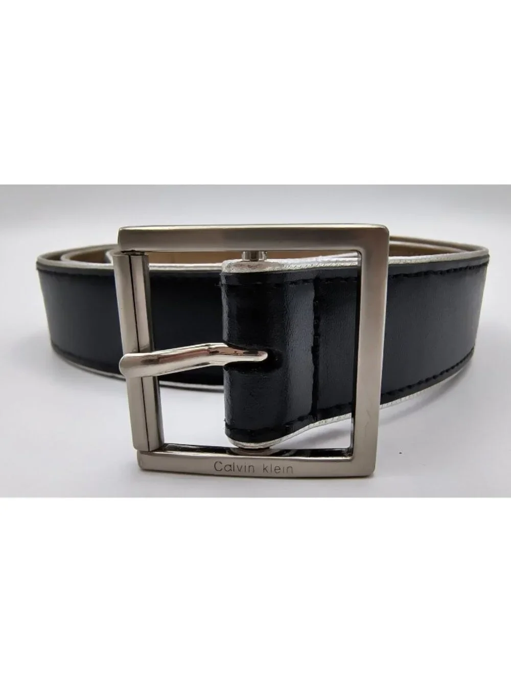 Calvin Klein Black Silver Trim Belt With Square Silver Buckle - Classic Design A